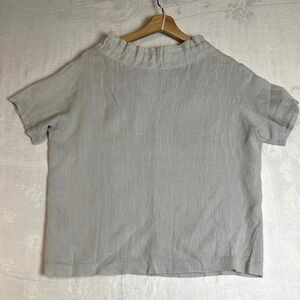 Another Place Top Women's Large Linen Stand Collar Short Sleeve